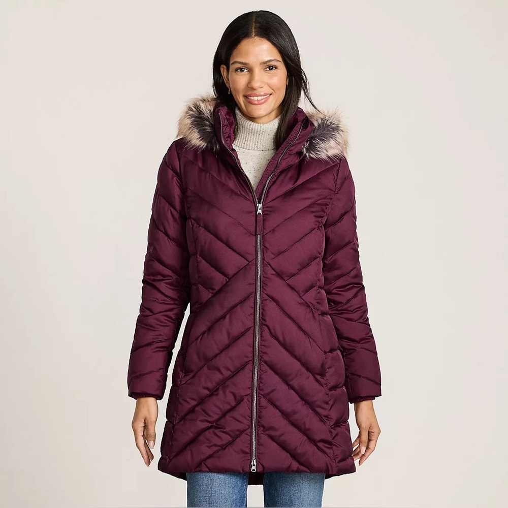 Lands' End Women's Plum Puffer Coat with Faux Fur